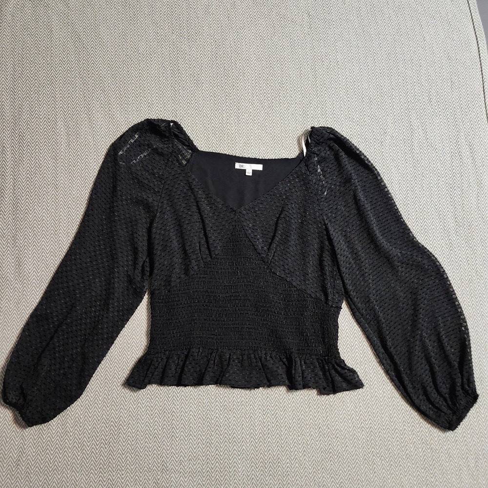 DR2 by Daniel Rainn Black Smocked Waist Clip Dot V-Neck Blouse Large DR23962PD3